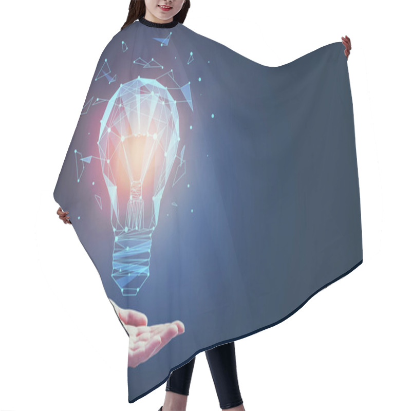 Personality  Hand Holding Abstract Glowing Polygonal Lamp Made Of Connected Points On Dark Background. Knowledge Concept.  Hair Cutting Cape