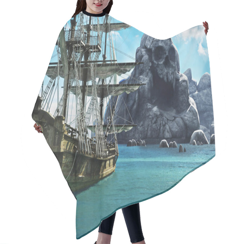 Personality  Search For Skull Island. Pirate Or Merchant Sailing Ship Anchored Near A Mysterious Skull Island.  Hair Cutting Cape