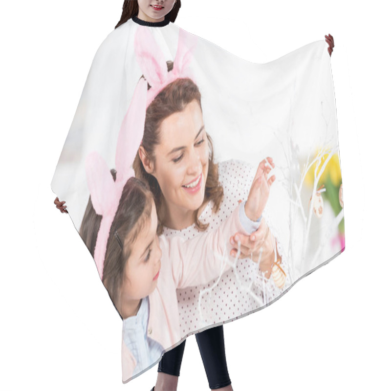 Personality  Joyful Mother And Daughter In Bunny Ears Decorating Easter Tree Together Hair Cutting Cape