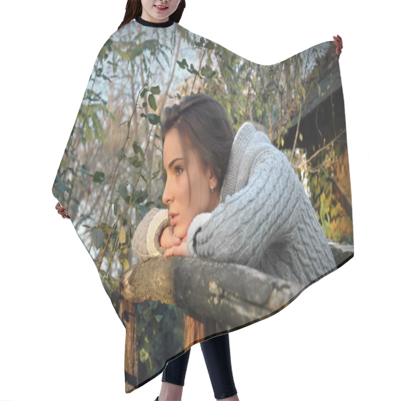 Personality  Beautiful Woman Leaning Chin On Old Wooden Fence, Thinking Hair Cutting Cape