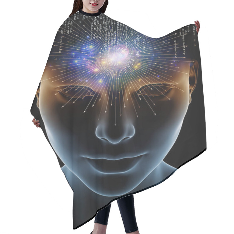 Personality  Mind Waves Series. Graphic Composition Of 3D Illustration Of Human Head And Technology Symbols  For Subject Of Consciousness, Brain, Intellect And Artificial Intelligence Hair Cutting Cape