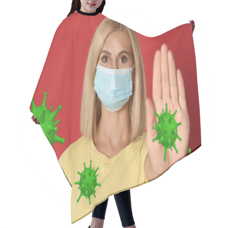 Personality  Stop Covid-19 Outbreak. Woman Wearing Medical Mask Surrounded By Virus On Red Background Hair Cutting Cape