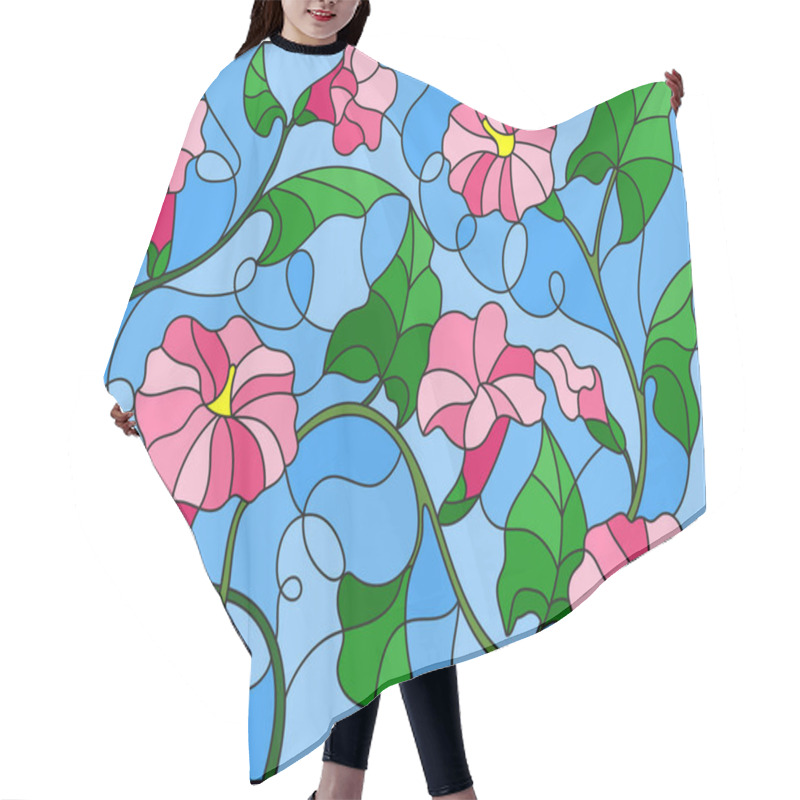 Personality  Illustration In Stained Glass Style Flowers Loach, Pink Flowers And Leaves On Blue  Background Hair Cutting Cape