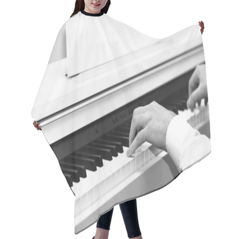 Personality  Live Music Concept. Music Performers Hands With White Cuffs Playing Piano. Hair Cutting Cape