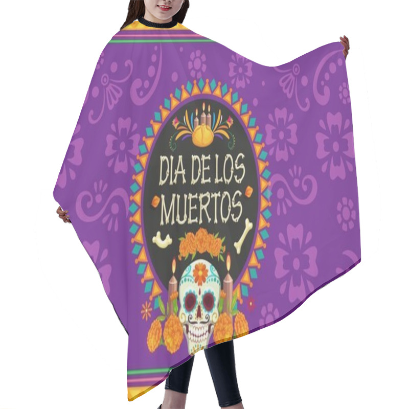 Personality  Day Of The Dead Dia De Los Muertos Mexican Holiday Banner With Vector Skull And Marigolds. Mexico Halloween Altar Offerings In Ethnic Pattern Frame. Cartoon Sugar Skull, Flowers, Candles And Bread Hair Cutting Cape