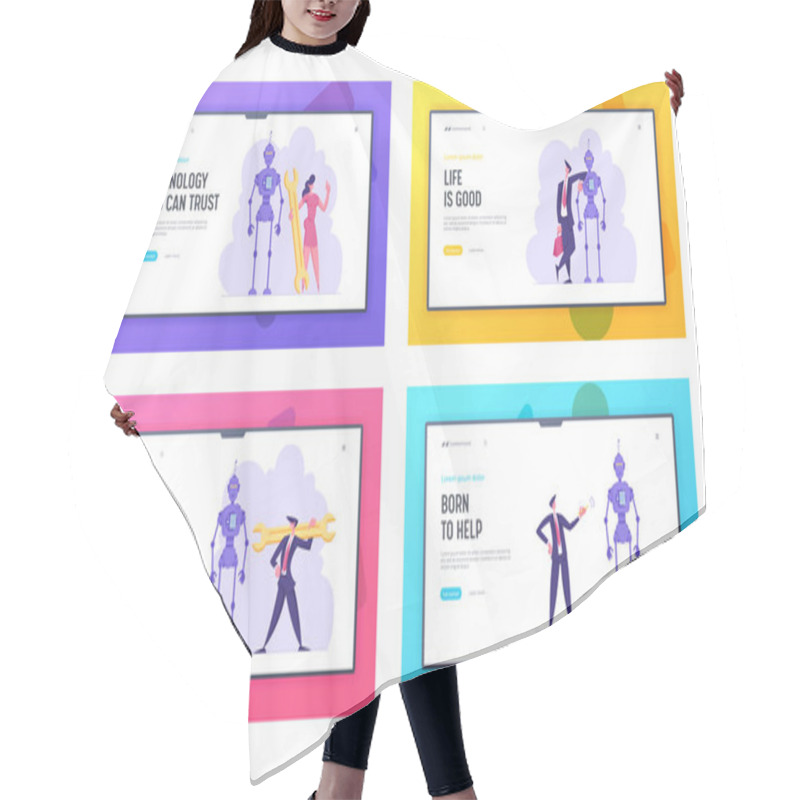 Personality  Artificial Intelligence Assembly Technology And Science Development Website Landing Page Set. Engineers Or Business People Characters Set Up Ai Robot Web Page Banner. Cartoon Flat Vector Illustration Hair Cutting Cape