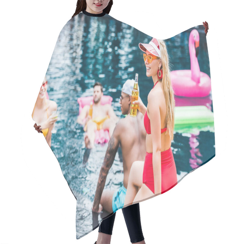 Personality  Attractive Young Woman With Beer And Her Friends Resting In Swimming Pool  Hair Cutting Cape