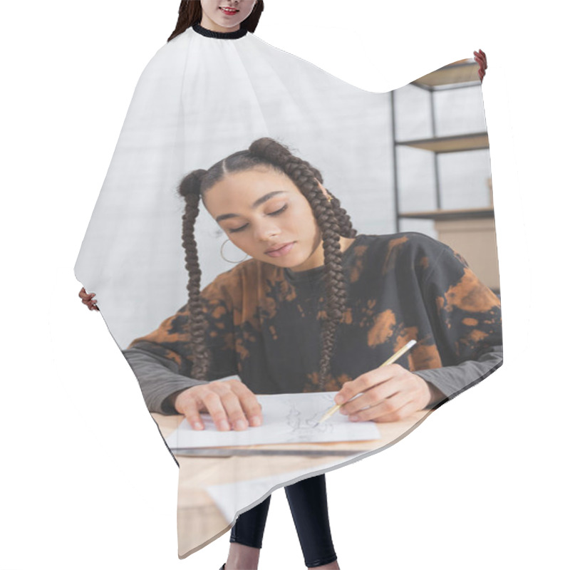 Personality  African American Designer Drawing Sketch Near Blurred Sewing Pattern Hair Cutting Cape