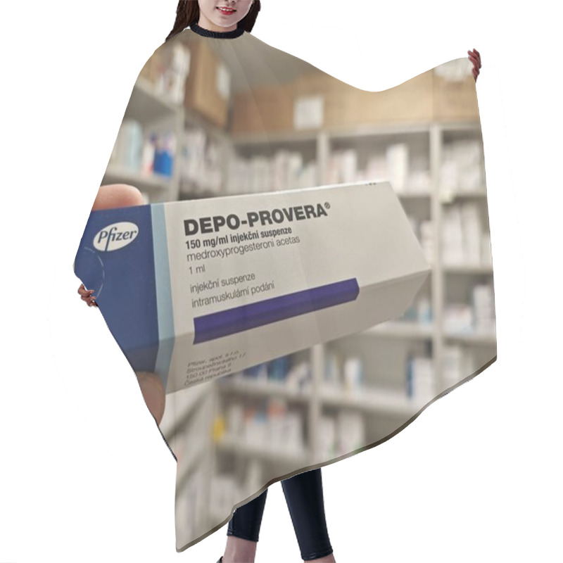 Personality  Prague, Czech Republic - July 9 2024: DEPO-PROVERA Box Of Medication With Medroxyprogesterone Acetate Active Substance By Pfizer, Used For Treatment Of Contraception, Menstrual Disorders, Endometriosi Hair Cutting Cape