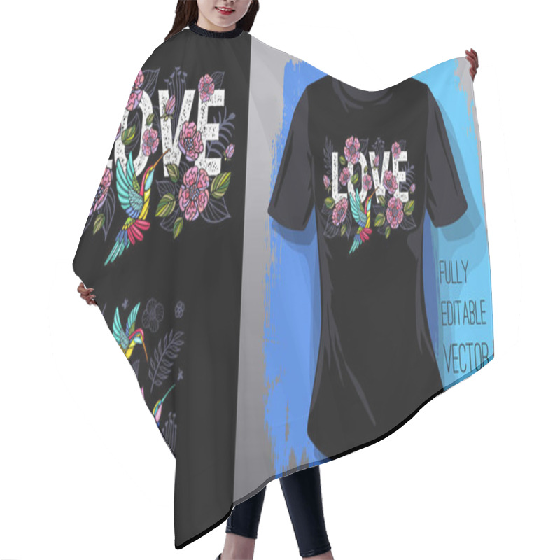 Personality  Hummingbirds Cool Flowers, Leaves, Birds, Floral Love Embroidery Textile Fabrics T Shirt Design Lettering Wings Insect Luxury Fashion Embroidered Style Hand Drawn Vector Illustration Hair Cutting Cape