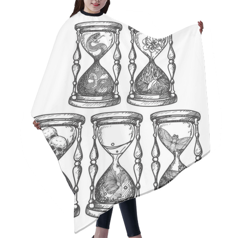 Personality  Tattoo Art Hourglass That Contains Various Things Hand Drawing Hair Cutting Cape