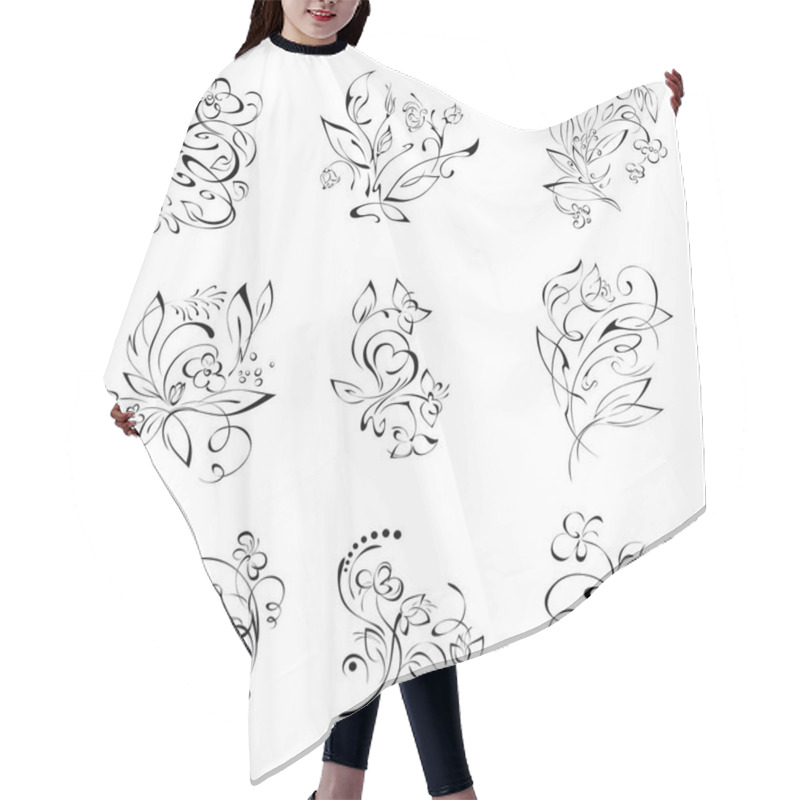 Personality  Floral Ornament Of Stylized Flowers With Leaves In Black Lines On A White Background. Set Hair Cutting Cape