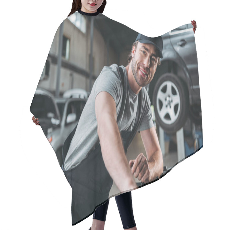 Personality  Smiling Auto Mechanic Working With Car In Repair Shop Hair Cutting Cape