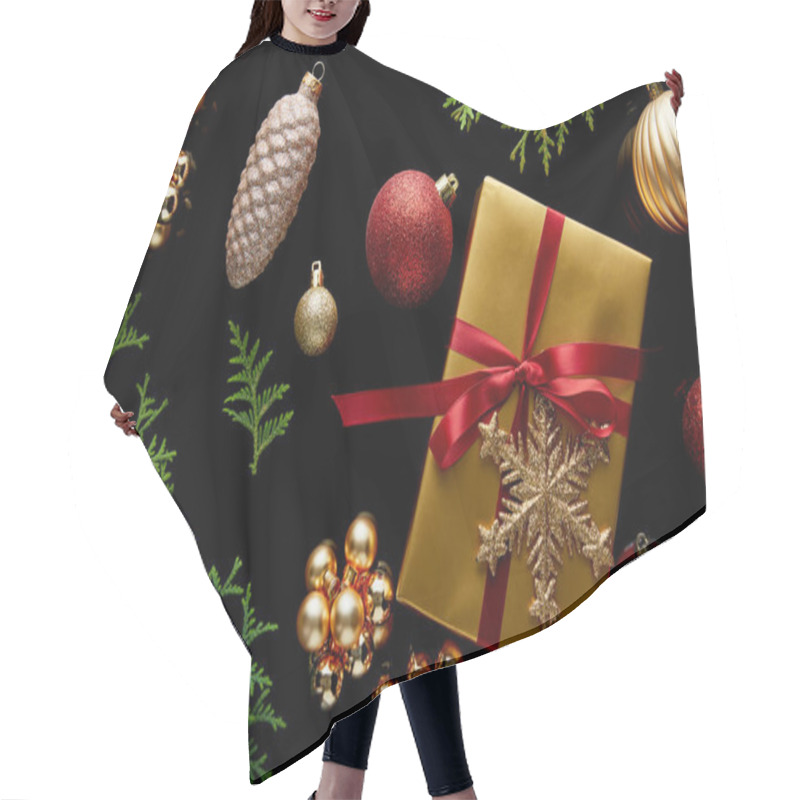 Personality  Top View Of Shiny Golden Christmas Decoration, Green Thuja Branches And Gift Box Isolated On Black Hair Cutting Cape