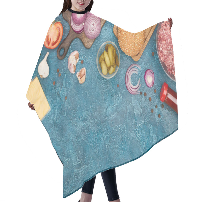 Personality  Top View Of Fresh Burger Ingredients On Blue Textured Surface Hair Cutting Cape