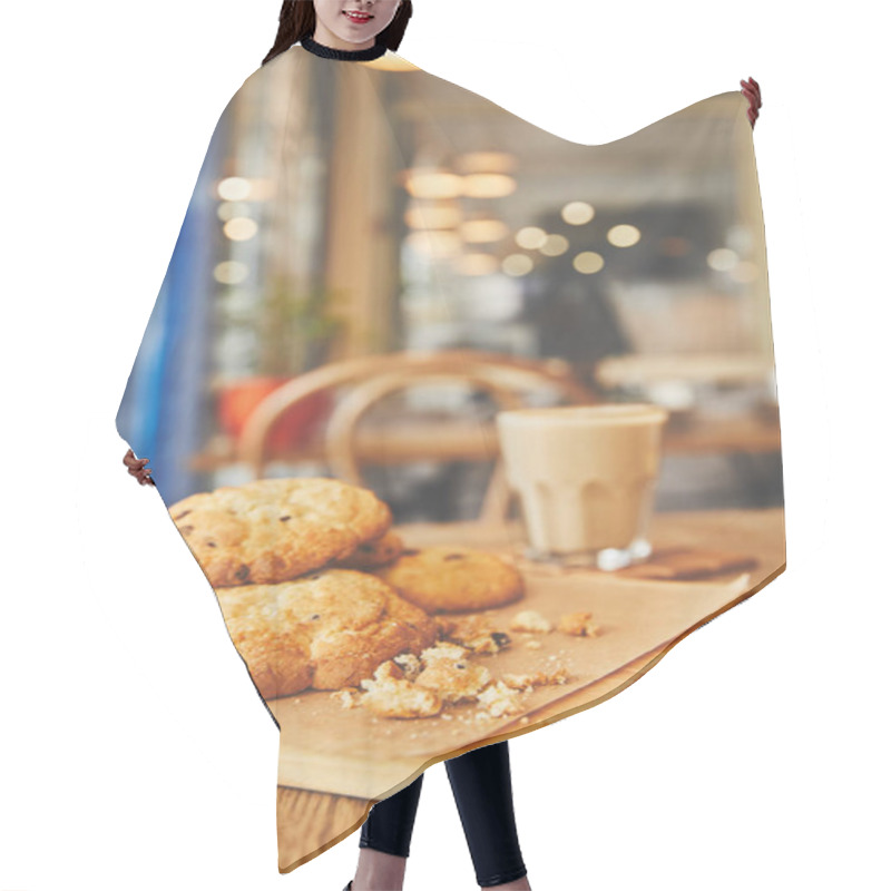 Personality  Homemade Chocolate Chip Cookies On Wooden Table With Flat White Coffee Hair Cutting Cape