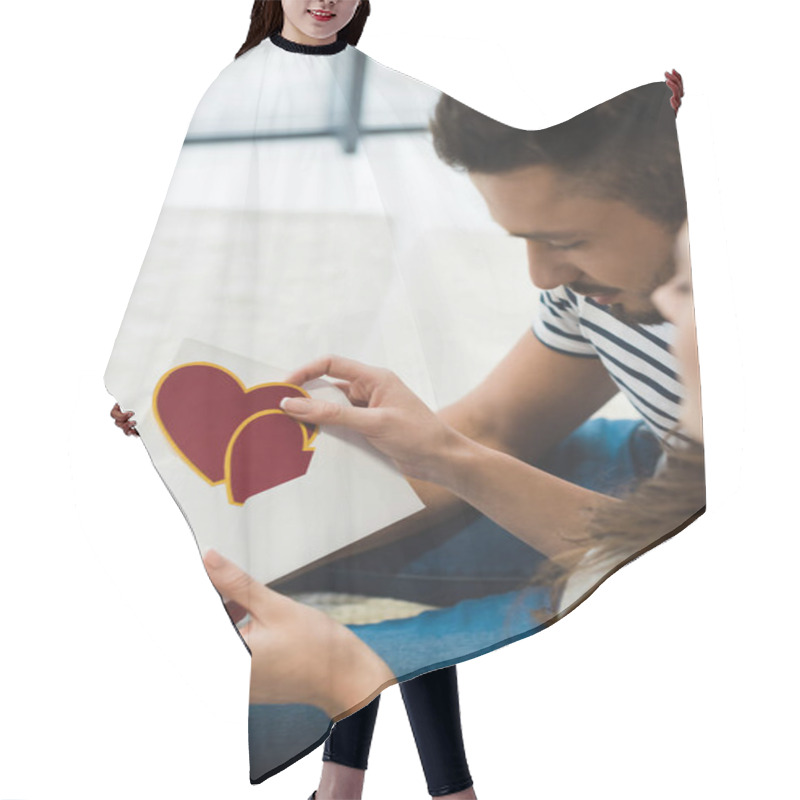 Personality  Close-up Shot Of Young Couple With Valentines Day Greeting Card In Envelope Hair Cutting Cape