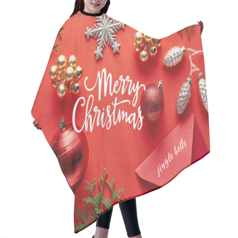 Personality  Top View Of Shiny Christmas Decoration, Envelope And Thuja On Red Background With Merry Christmas Illustration Hair Cutting Cape