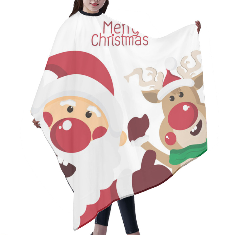 Personality  Happy Santa Claus And Cute Reindeer Making Hand Thumbs Up ,cartoon Characters For Christmas Greeting,Happy New Year Concept,design For Card And Poster,Vector Illustration. Hair Cutting Cape