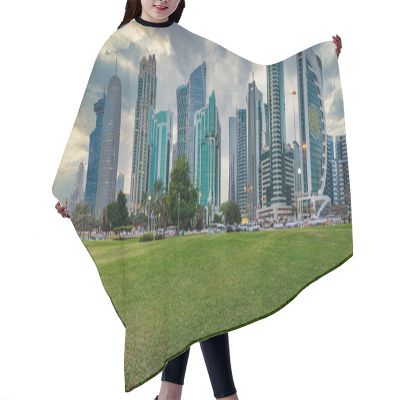 Personality  Doha Skyline In West Bay District  Doha, Qatar Daylight View With Clouds In The Sky Hair Cutting Cape