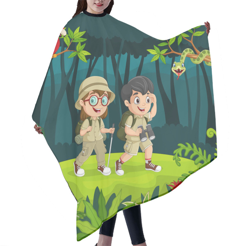 Personality  Vector Illustration Of Cartoon Explorer Kids With Animals In The Jungle Hair Cutting Cape