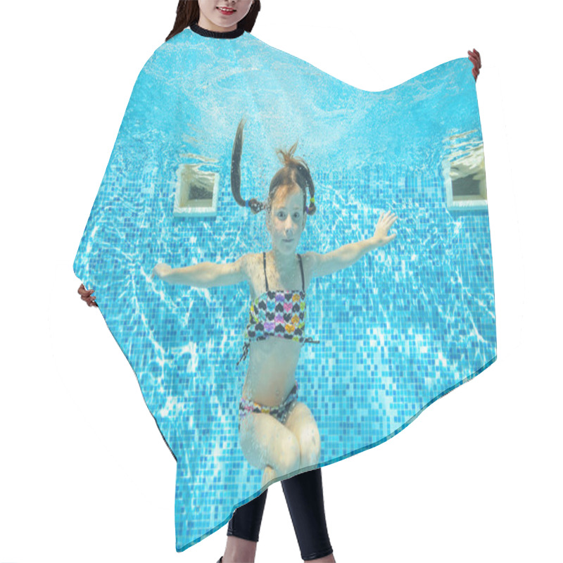 Personality  Girl Jumps And Swims In Pool Underwater, Happy Active Child Has Fun In Water, Kid Sport On Family Vacation Hair Cutting Cape