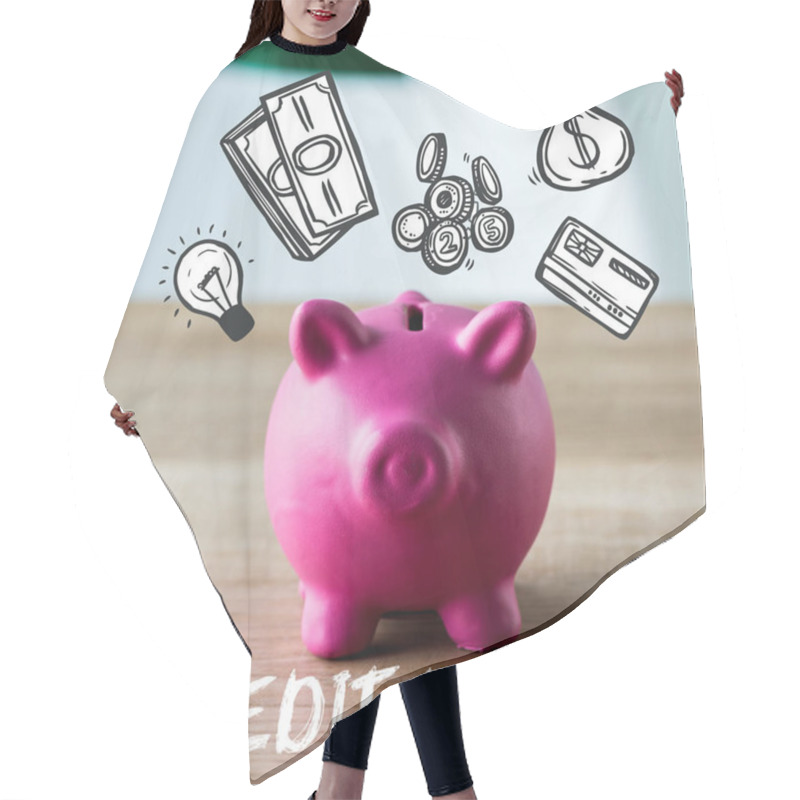 Personality  Toy Piggy Bank On Wooden Desk Near Credit Report Lettering In Office  Hair Cutting Cape