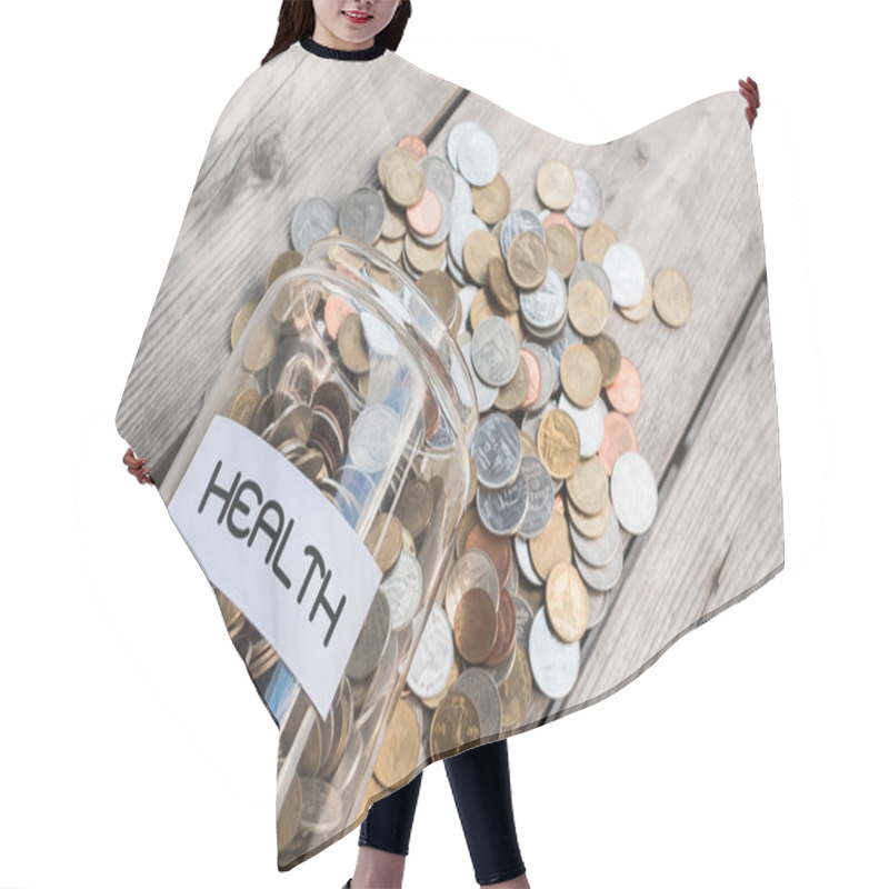 Personality  Money Jar With Coins On Wood Table , Saving For Health Concept Hair Cutting Cape