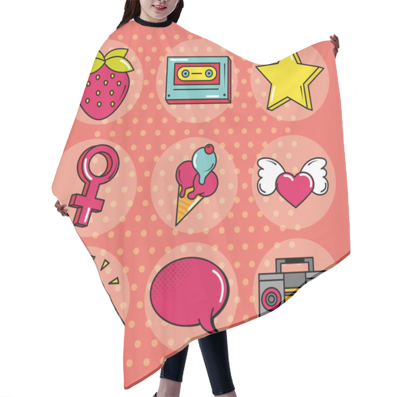 Personality  Pop Art Comic Style, Fashion Retro Flat Icons Set Hair Cutting Cape