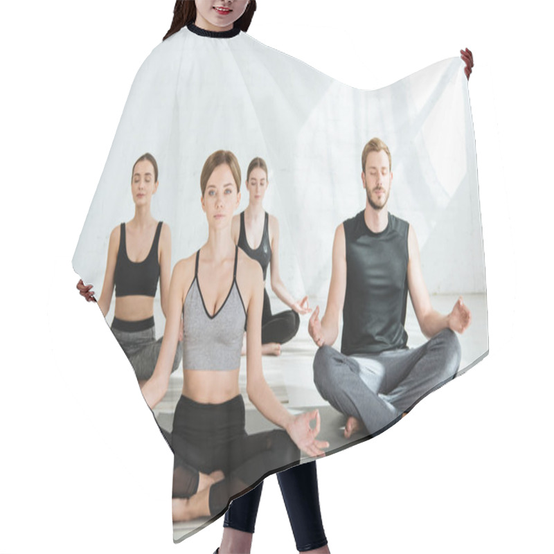 Personality  Front View Of Young People Practicing Yoga In Half Lotus Pose Hair Cutting Cape