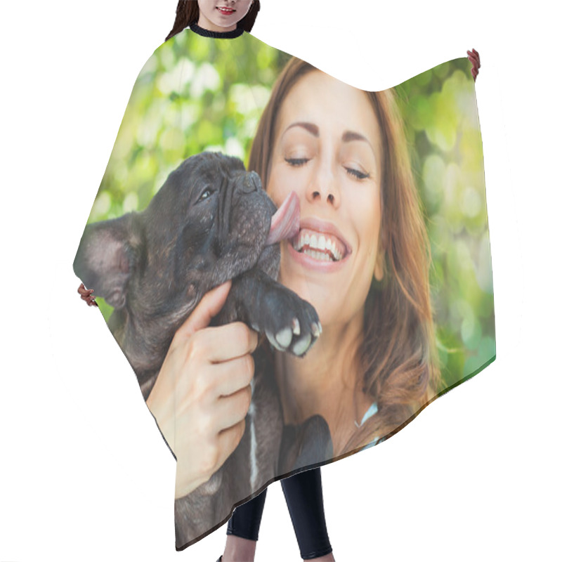 Personality  Happy Woman With French Bulldog Hair Cutting Cape