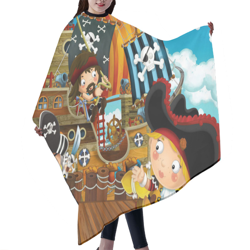 Personality  Cartoon Scene With Pirate Sailing Ship Docking - Illustration For Children Hair Cutting Cape