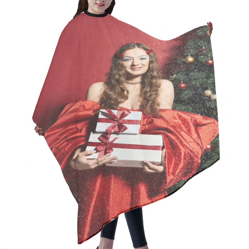 Personality  The Beautiful Woman Dressed In Red Joyfully Holds Two Wrapped Gifts Surrounded By Decorations. Hair Cutting Cape