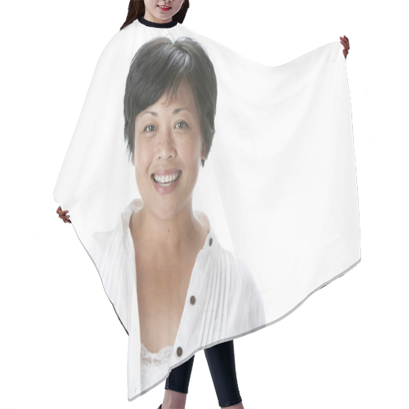 Personality  Image Of Asian Middle Aged Adult Woman Hair Cutting Cape