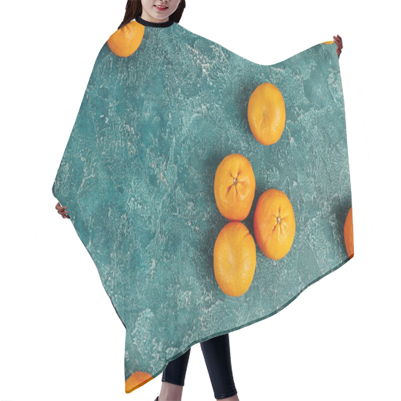 Personality  Top View Of Fresh And Ripe Mandarins On Blue Textured Surface, Christmas Still Life Backdrop Hair Cutting Cape