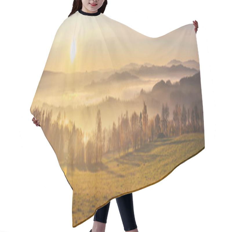 Personality  Sunset In The Mountains - Hilly Landscape With Meadows And Forests In A Haze Hair Cutting Cape