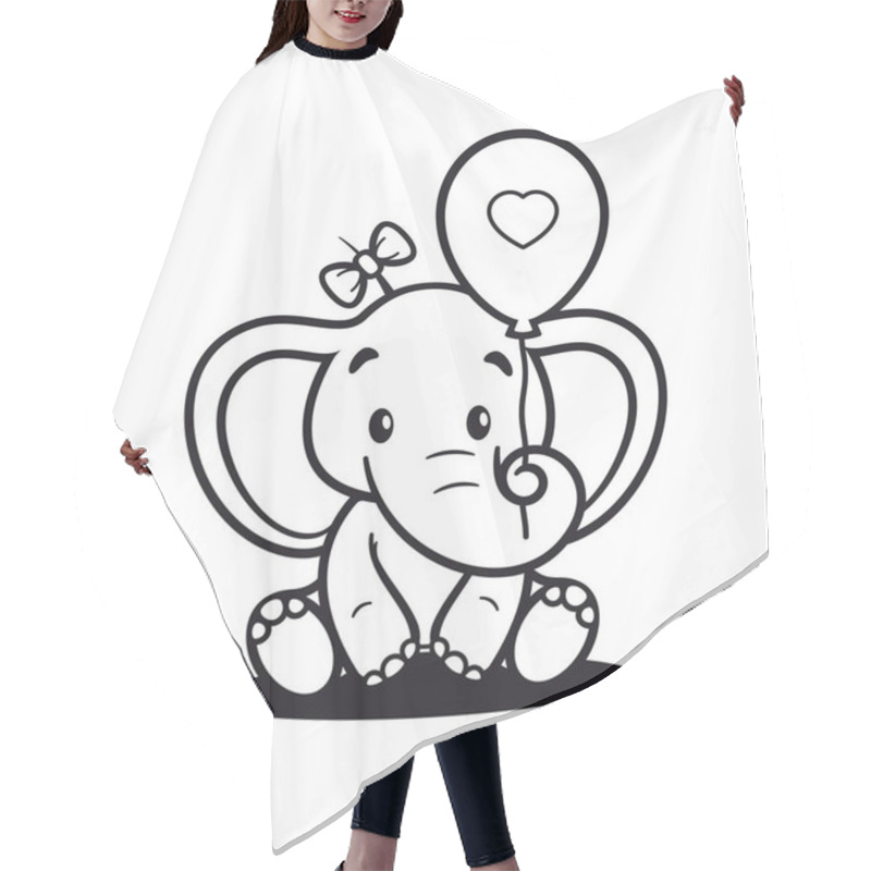 Personality  Vector Black Line Sitting Baby Elephant Holding Inflatable Balloon With Heart. Isolated On White Background Hair Cutting Cape