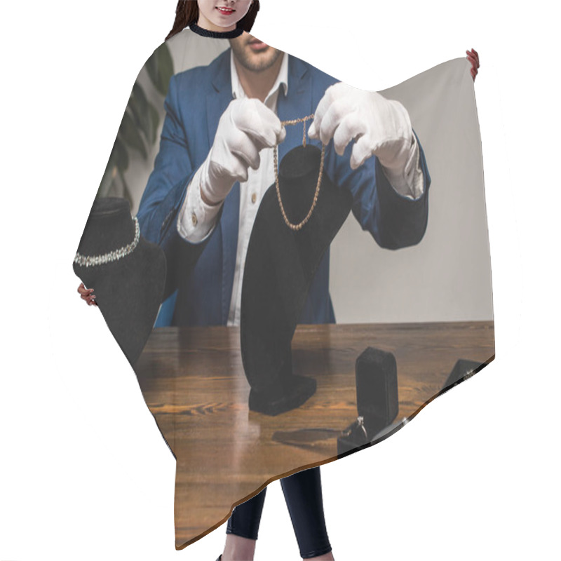 Personality  Cropped View Of Jewelry Appraiser In Gloves Holding Necklace Near Jewelry On Table In Workshop Hair Cutting Cape