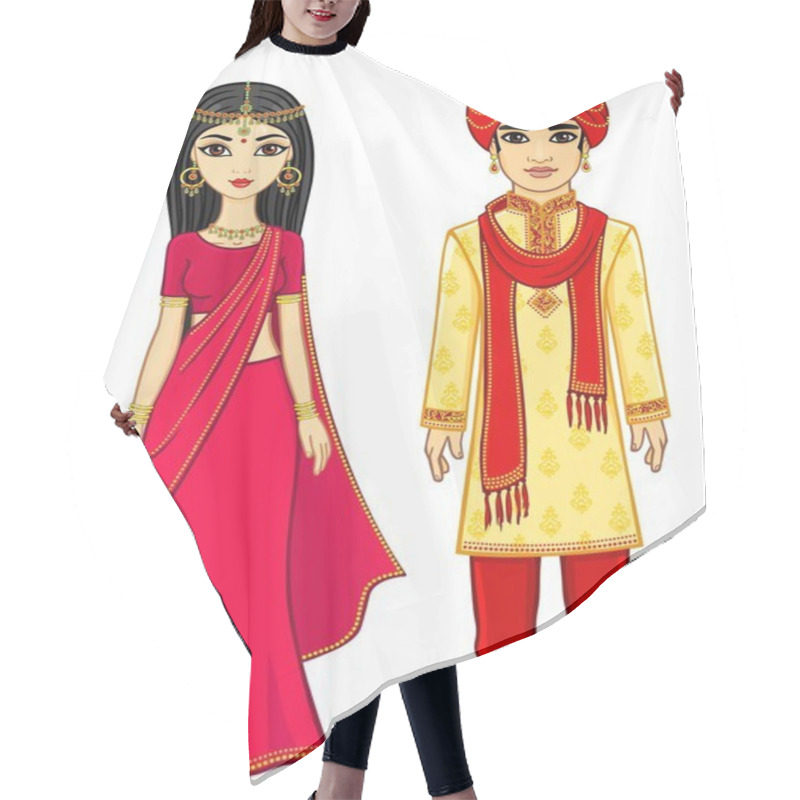 Personality  Animation Indian Family. Full Growth. Isolated On A White Background. Hair Cutting Cape