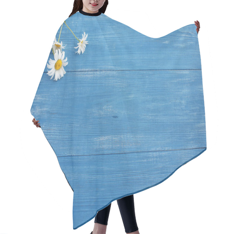 Personality  White Young Daisies Flowers On Wooden Boards Blue Background  Hair Cutting Cape