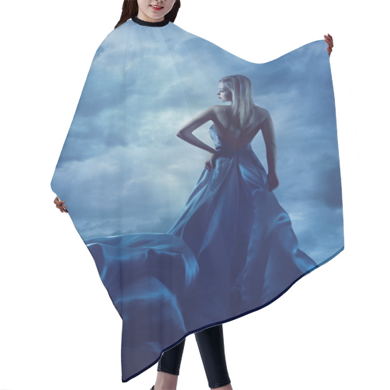 Personality  Woman Back Portrait In Evening Dress, Lady In Silk Gown, Cloth Flying Over Blue Sky, Night Clouds Hair Cutting Cape