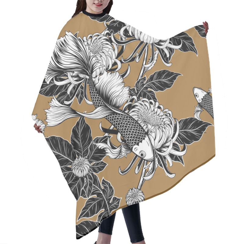 Personality  Koi Fish And Chrysanthemum Seamless Pattern By Hand Drawing.Tattoo Art Highly Detailed In Line Art Style.Fish And Flower Seamless Pattern On Batik Cloth. Hair Cutting Cape