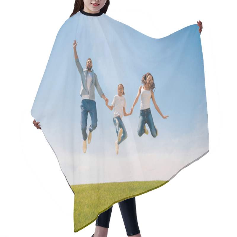 Personality  Happy Family Jumping On Meadow Hair Cutting Cape