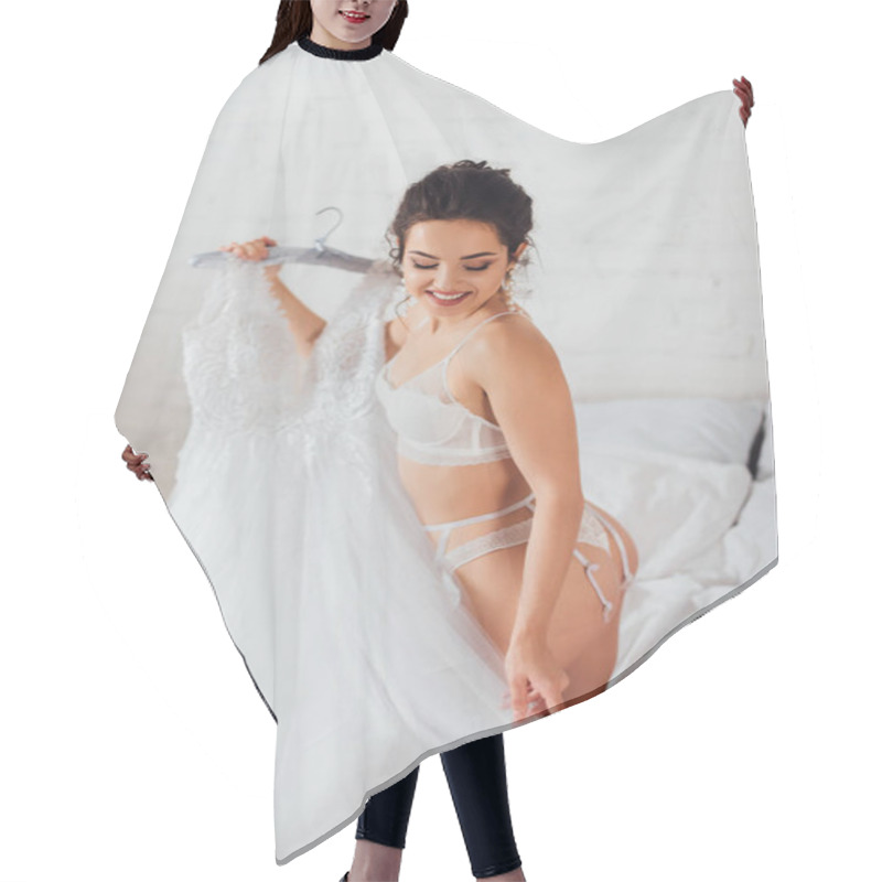 Personality  Sexy Bride In Underwear And Garter Belt Touching Wedding Dress On Hanger On Bed  Hair Cutting Cape