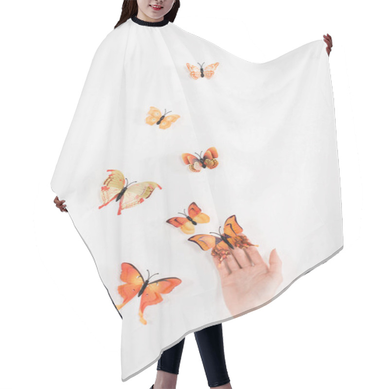 Personality  Cropped View Of Woman Releasing Butterflies On White Background, Environmental Saving Concept  Hair Cutting Cape