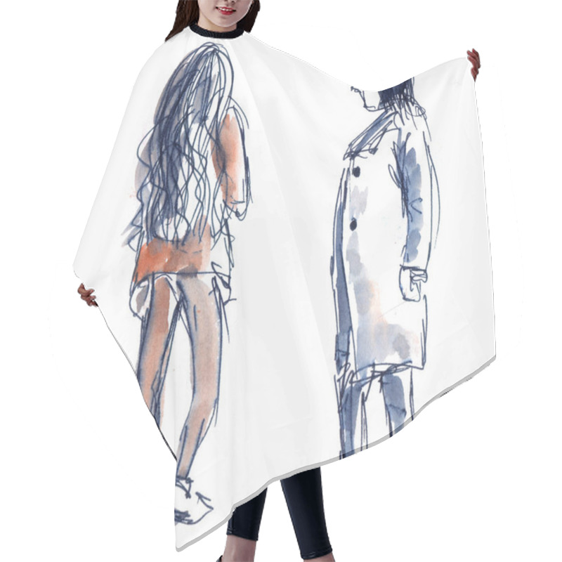 Personality  People: Man And Woman In Clothes, Quick Sketch From The Back With Watercolor Pencils - Hand-drawn Watercolor Illustration Hair Cutting Cape