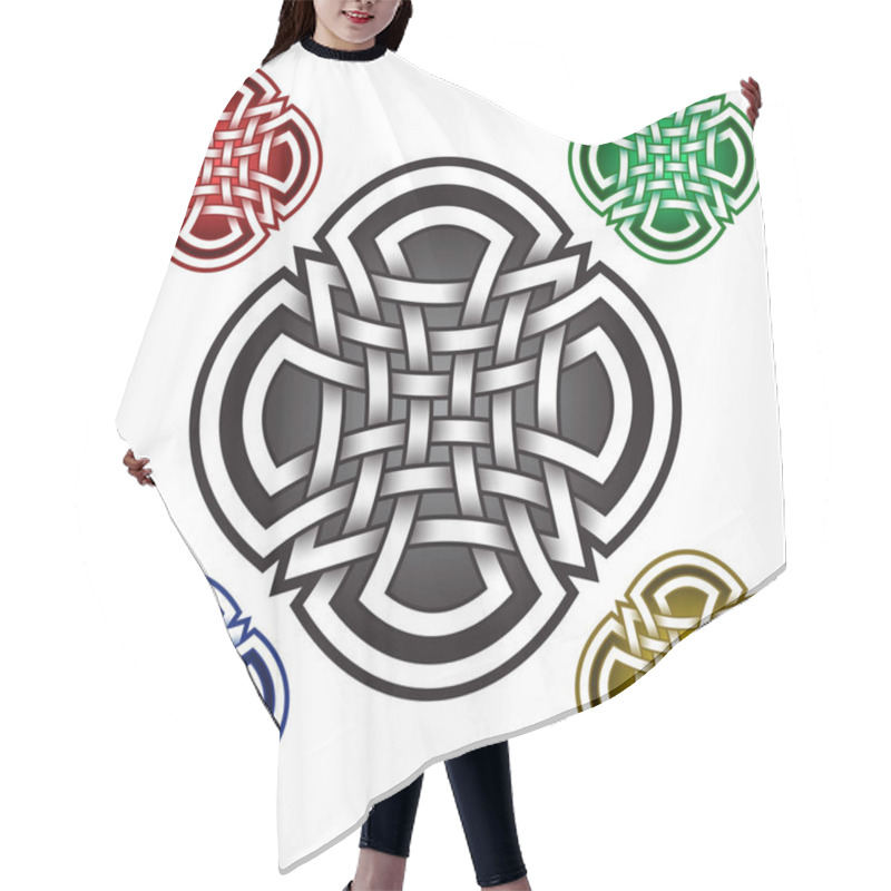 Personality  Cruciform Logo Symbol In Celtic Style. Tribal Tattoo Symbol. Silver Stamp For Jewelry Design And Samples Of Red, Green, Blue And Golden Colors. Hair Cutting Cape