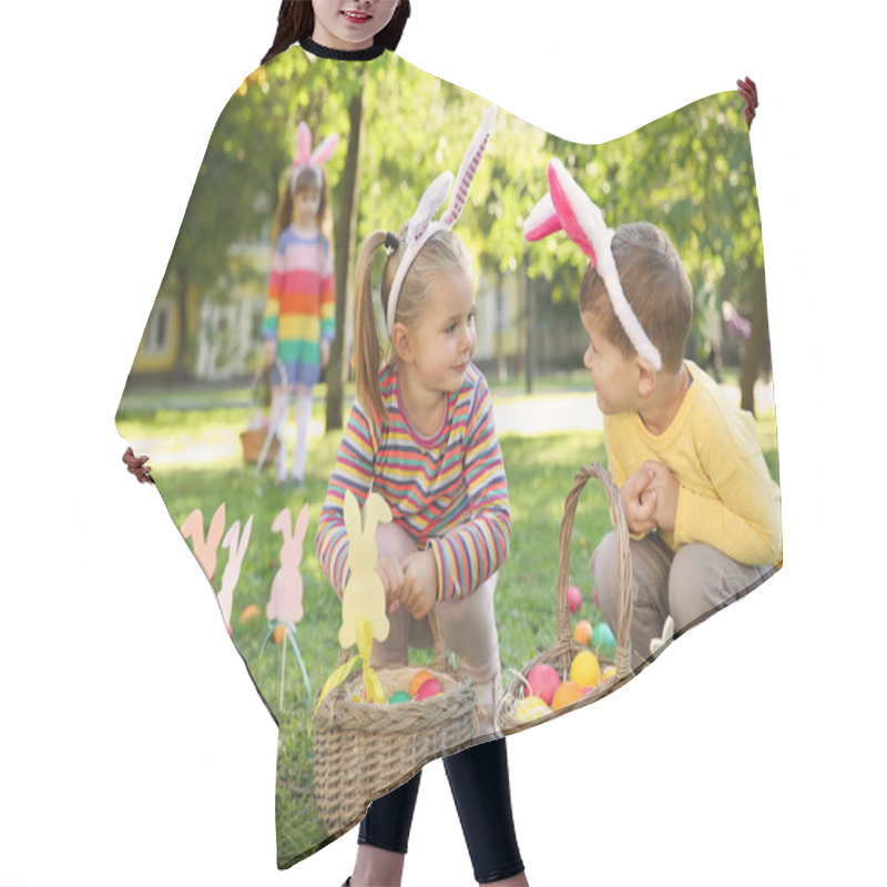 Personality  Cute Little Children Hunting Eggs In Park. Easter Tradition Hair Cutting Cape