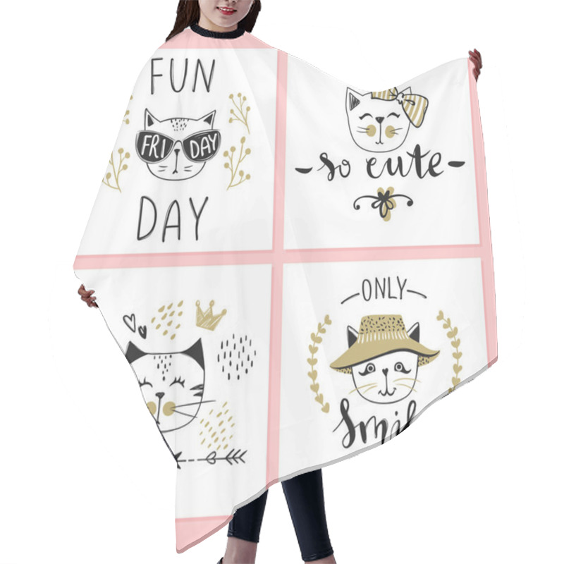 Personality  Vector Card Series With Cute Fashion Cats. Stylish Kitten Set. T Hair Cutting Cape