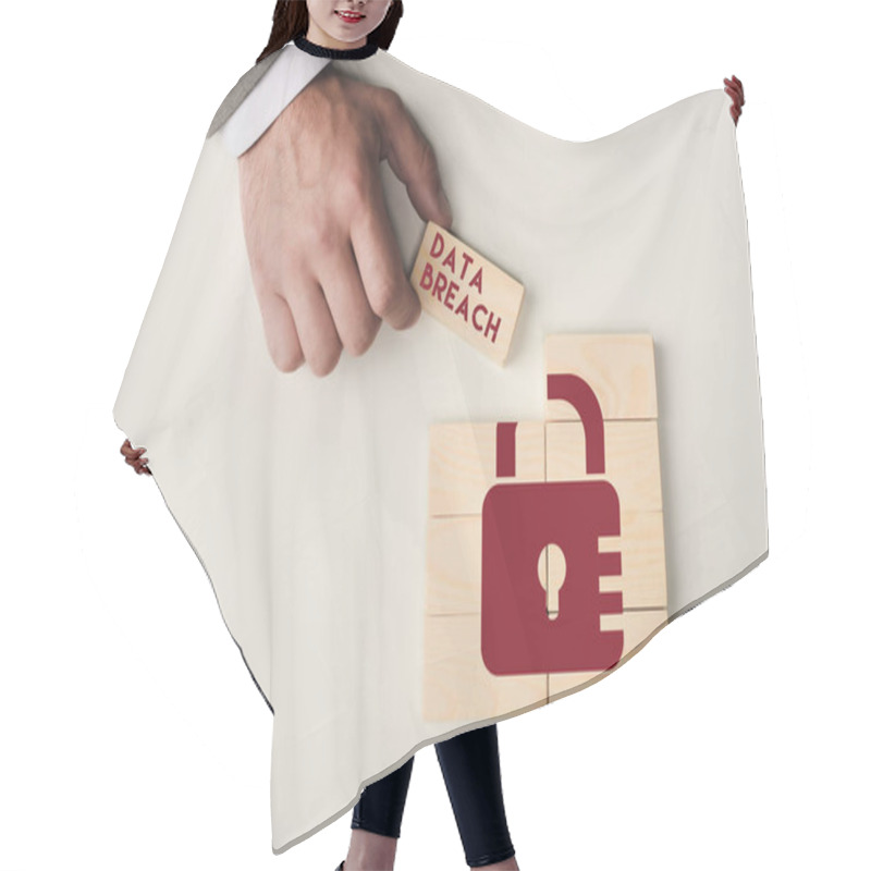 Personality  Partial View Of Man Holding Brick With 'data Breach' Lettering Over Wooden Blocks With Lock Icon Isolated On White Hair Cutting Cape